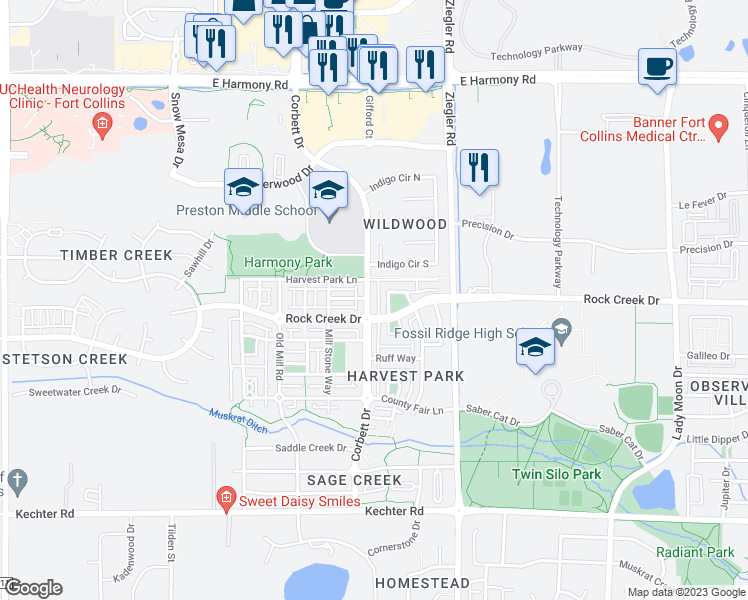 map of restaurants, bars, coffee shops, grocery stores, and more near 5132 Corbett Drive in Fort Collins