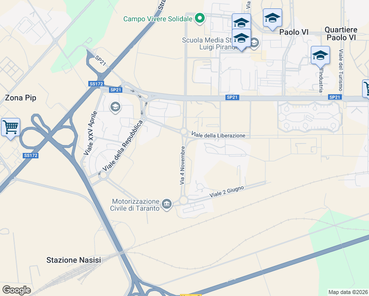 map of restaurants, bars, coffee shops, grocery stores, and more near Via 4 Novembre in Paolo VI