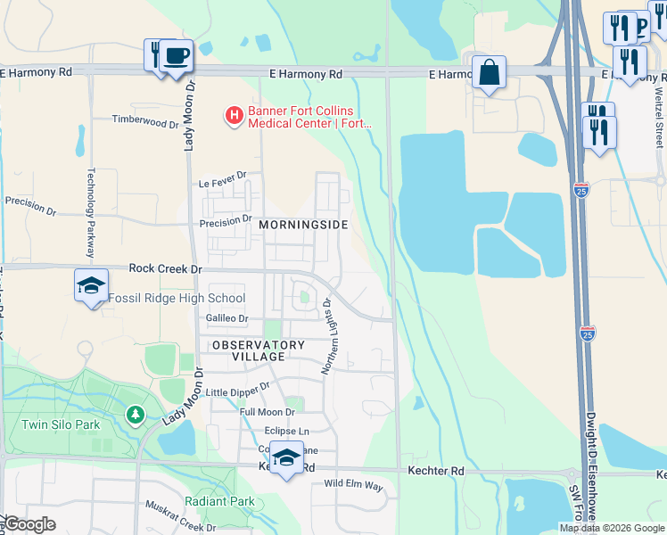 map of restaurants, bars, coffee shops, grocery stores, and more near 5038 Brookfield Drive in Fort Collins
