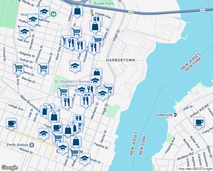 map of restaurants, bars, coffee shops, grocery stores, and more near 67 Pearl Place in Perth Amboy