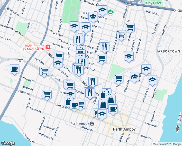 map of restaurants, bars, coffee shops, grocery stores, and more near 329 Barclay Street in Perth Amboy
