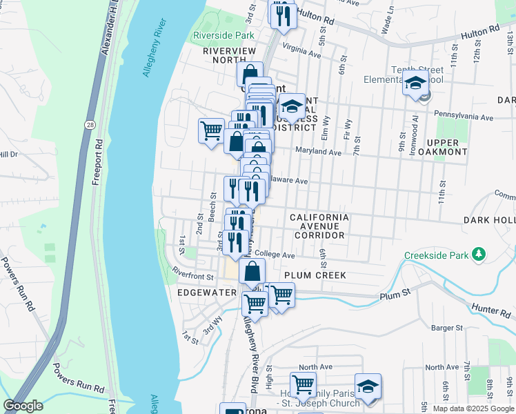 map of restaurants, bars, coffee shops, grocery stores, and more near 361 Washington Avenue in Oakmont