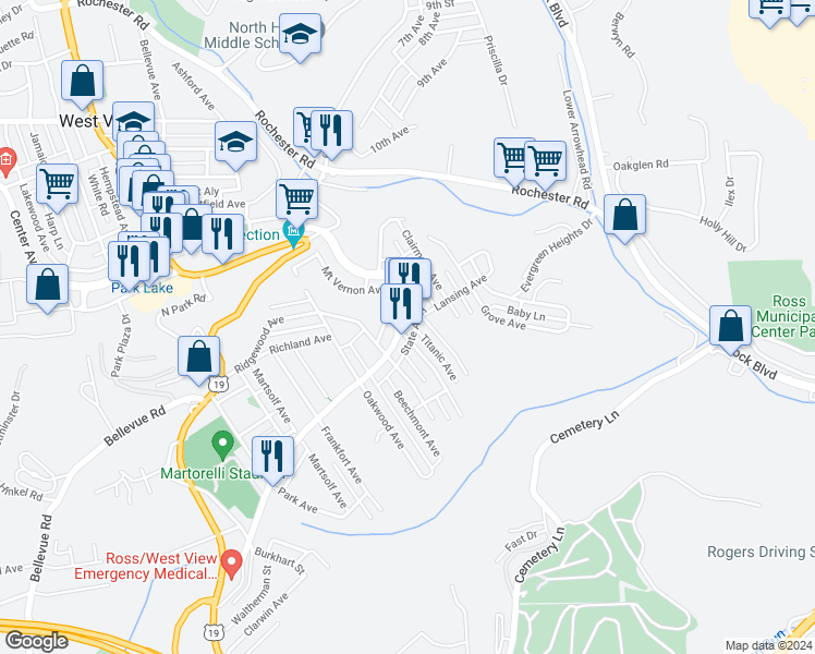 map of restaurants, bars, coffee shops, grocery stores, and more near 348 Center Avenue in West View