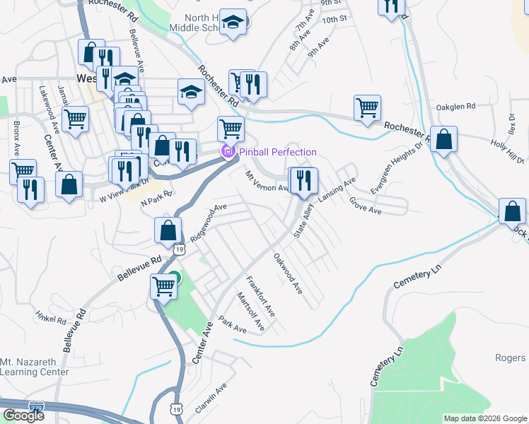 map of restaurants, bars, coffee shops, grocery stores, and more near 246 Ridgewood Avenue in Pittsburgh