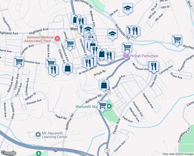 map of restaurants, bars, coffee shops, grocery stores, and more near 34 North Park Road in Pittsburgh