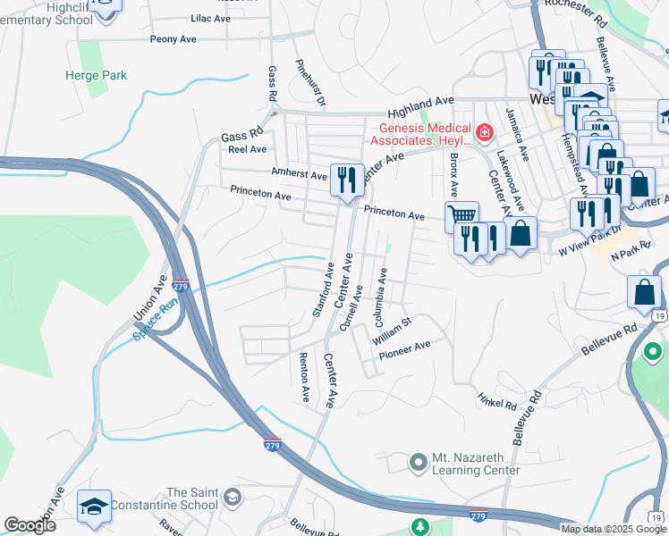 map of restaurants, bars, coffee shops, grocery stores, and more near 1405 Center Avenue in West View