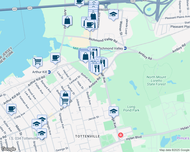 map of restaurants, bars, coffee shops, grocery stores, and more near 6975 Amboy Road in Staten Island