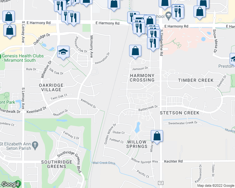 map of restaurants, bars, coffee shops, grocery stores, and more near 1814 Thyme Court in Fort Collins