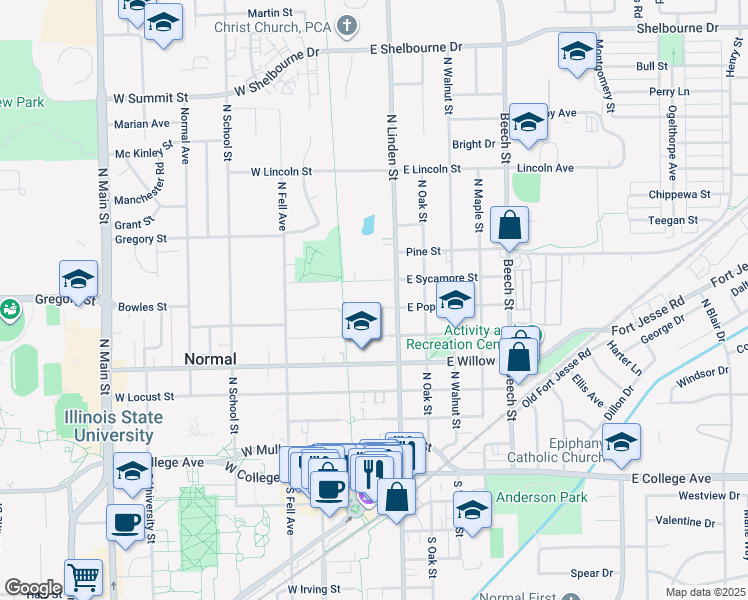 map of restaurants, bars, coffee shops, grocery stores, and more near 705 North Linden Street in Normal