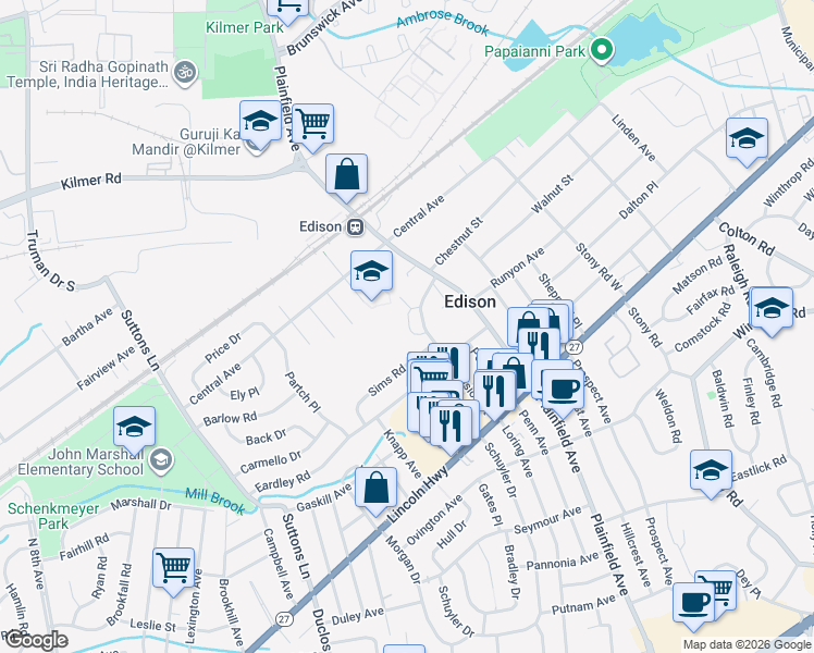map of restaurants, bars, coffee shops, grocery stores, and more near 450 Division Street in Edison