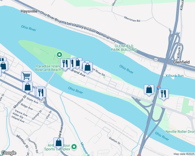 map of restaurants, bars, coffee shops, grocery stores, and more near 7038 Front River Road in Pittsburgh