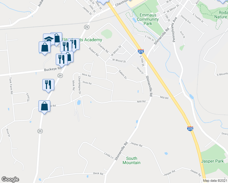 map of restaurants, bars, coffee shops, grocery stores, and more near 3876 Mink Road in Emmaus