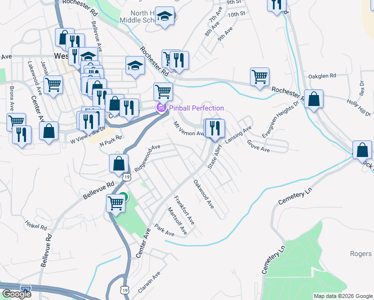 map of restaurants, bars, coffee shops, grocery stores, and more near 246 Ridgewood Avenue in Pittsburgh