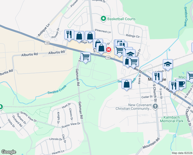 map of restaurants, bars, coffee shops, grocery stores, and more near 3535 Grandview Drive in Macungie