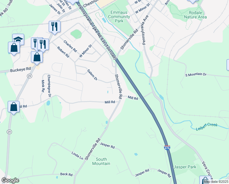 map of restaurants, bars, coffee shops, grocery stores, and more near 4176 Marion Place in Emmaus