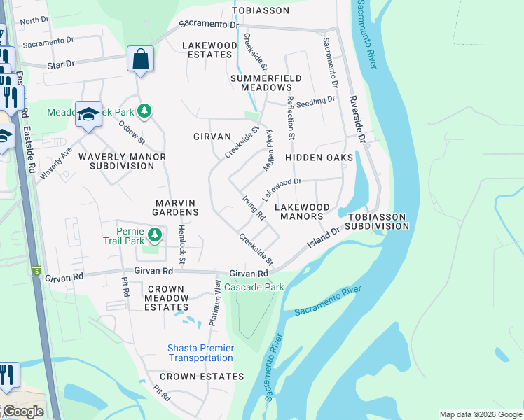 map of restaurants, bars, coffee shops, grocery stores, and more near 2911 Lakewood Drive in Redding