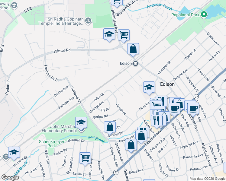 map of restaurants, bars, coffee shops, grocery stores, and more near 203 Central Avenue in Edison