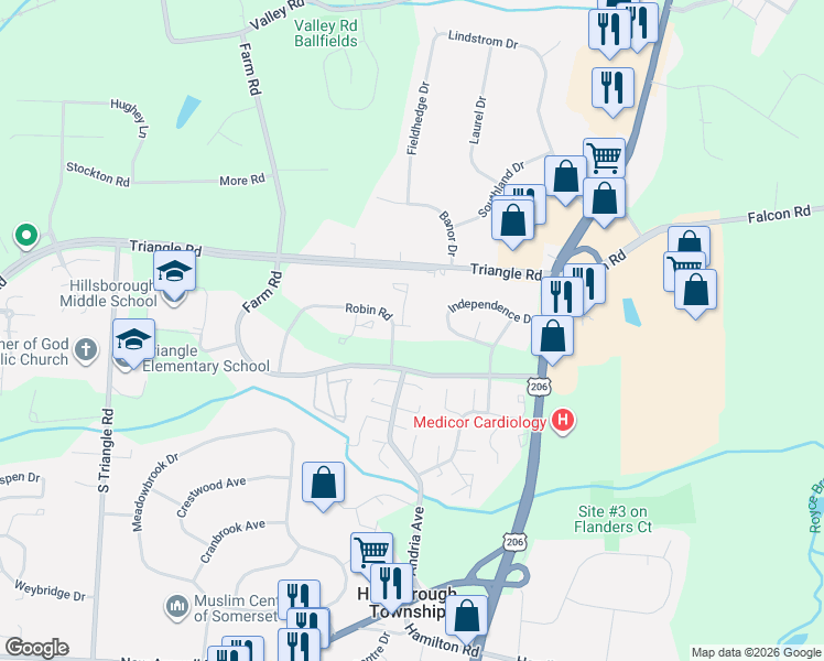 map of restaurants, bars, coffee shops, grocery stores, and more near 802 Robin Road in Somerset County