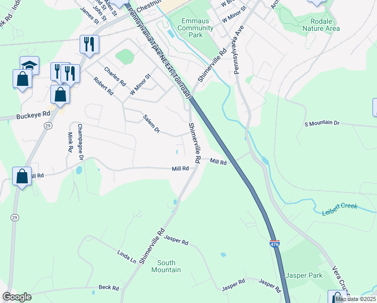 map of restaurants, bars, coffee shops, grocery stores, and more near 4176 Marion Place in Emmaus
