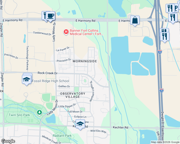 map of restaurants, bars, coffee shops, grocery stores, and more near 5038 Brookfield Drive in Fort Collins
