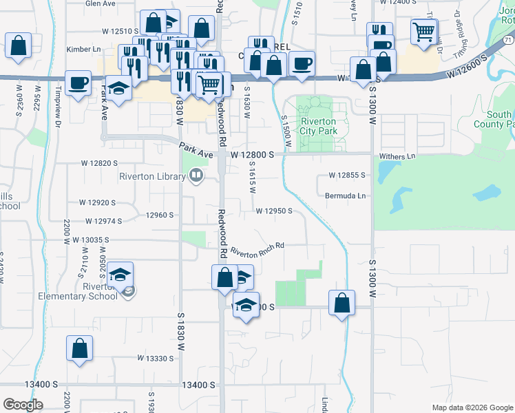 map of restaurants, bars, coffee shops, grocery stores, and more near 1580 West 12950 South in Riverton