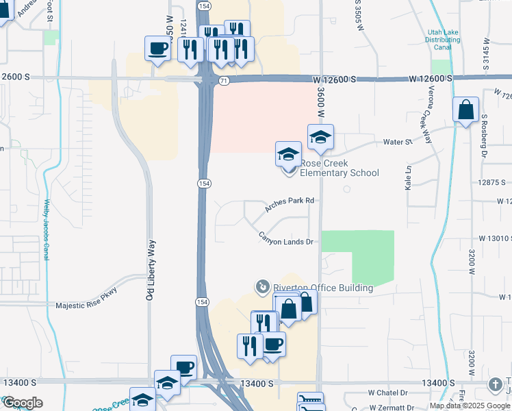 map of restaurants, bars, coffee shops, grocery stores, and more near 3774 Sand Creek Drive in Riverton