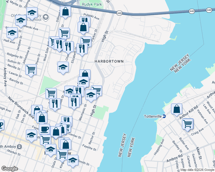 map of restaurants, bars, coffee shops, grocery stores, and more near 547 Hartford Street in Perth Amboy