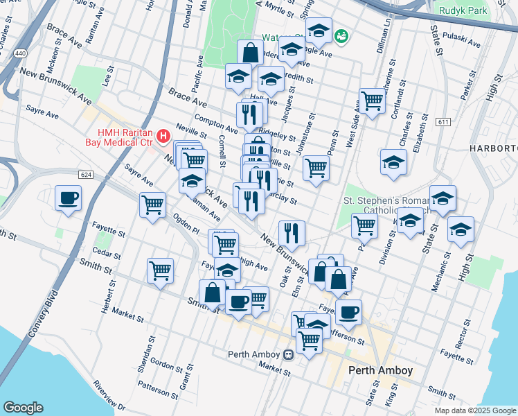 map of restaurants, bars, coffee shops, grocery stores, and more near 436 Amboy Avenue in Perth Amboy
