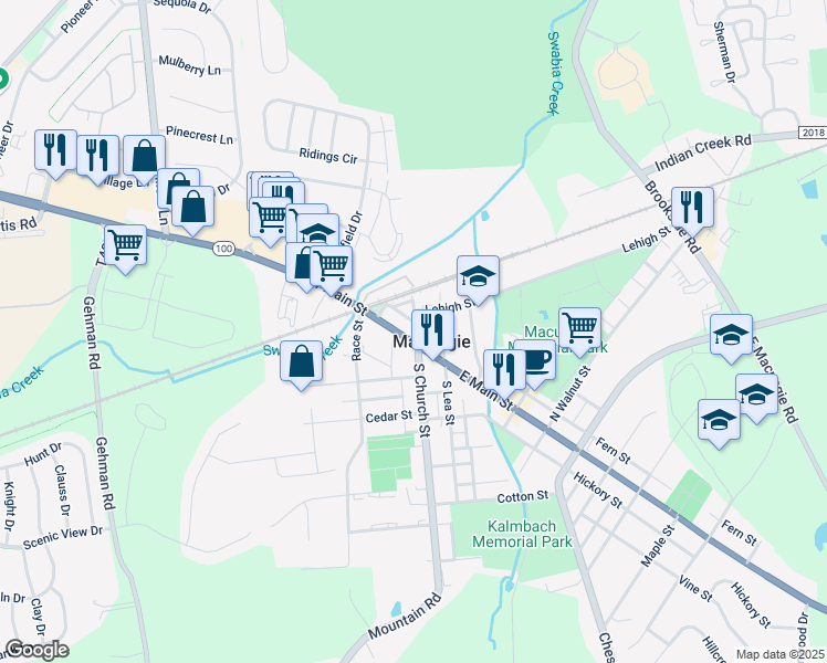 map of restaurants, bars, coffee shops, grocery stores, and more near 21 West Main Street in Macungie