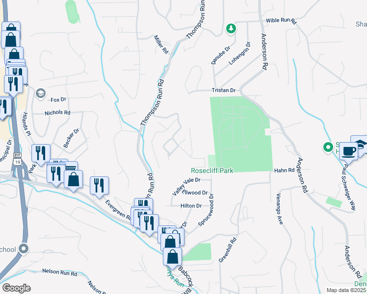 map of restaurants, bars, coffee shops, grocery stores, and more near 221 Woodbridge Court in Pittsburgh