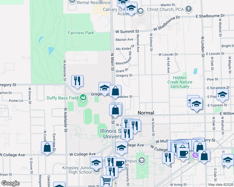 map of restaurants, bars, coffee shops, grocery stores, and more near 602 North Main Street in Normal