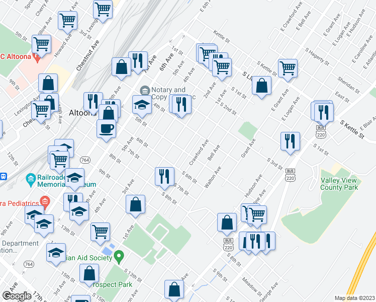 map of restaurants, bars, coffee shops, grocery stores, and more near 429 1st Avenue in Altoona