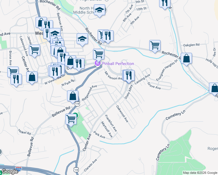 map of restaurants, bars, coffee shops, grocery stores, and more near 246 Ridgewood Avenue in Pittsburgh