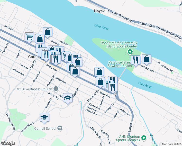 map of restaurants, bars, coffee shops, grocery stores, and more near 1339 4th Avenue in Coraopolis