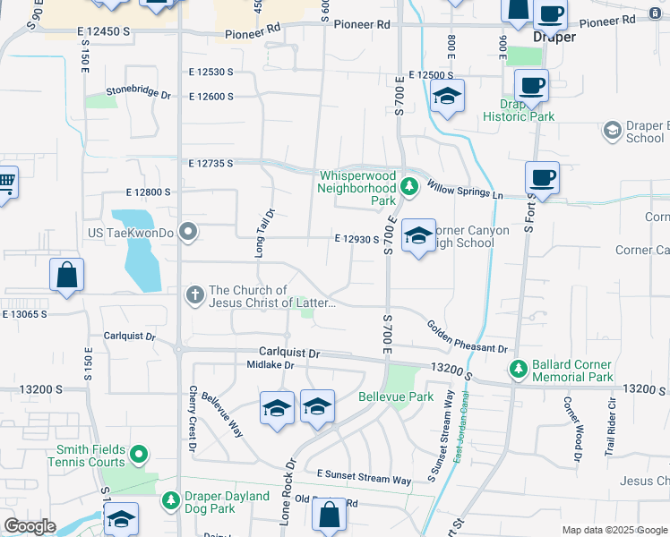 map of restaurants, bars, coffee shops, grocery stores, and more near 12977 South Brook Haven Cove in Draper