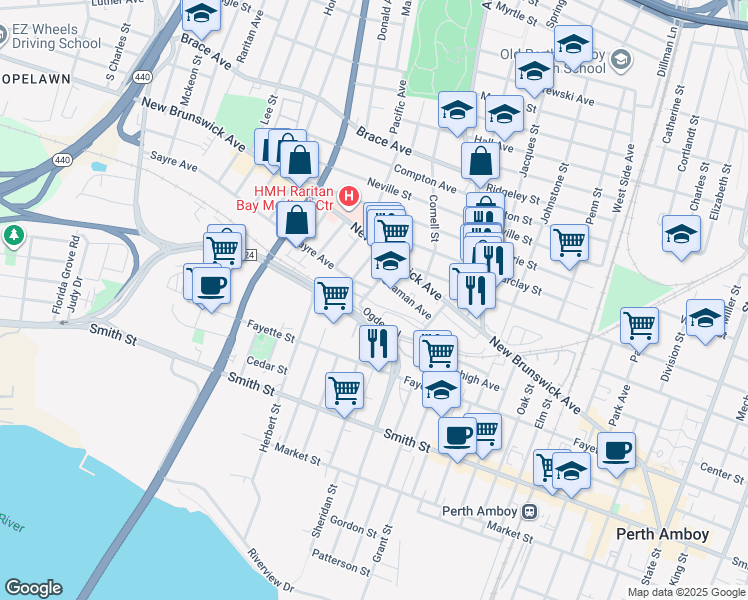 map of restaurants, bars, coffee shops, grocery stores, and more near 396 Augustine Place in Perth Amboy