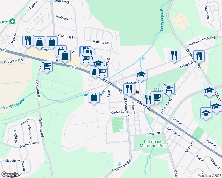 map of restaurants, bars, coffee shops, grocery stores, and more near 52 West Main Street in Macungie