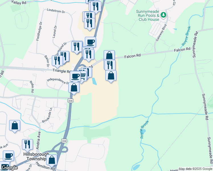 map of restaurants, bars, coffee shops, grocery stores, and more near 315 U.S. 206 in Hillsborough Township