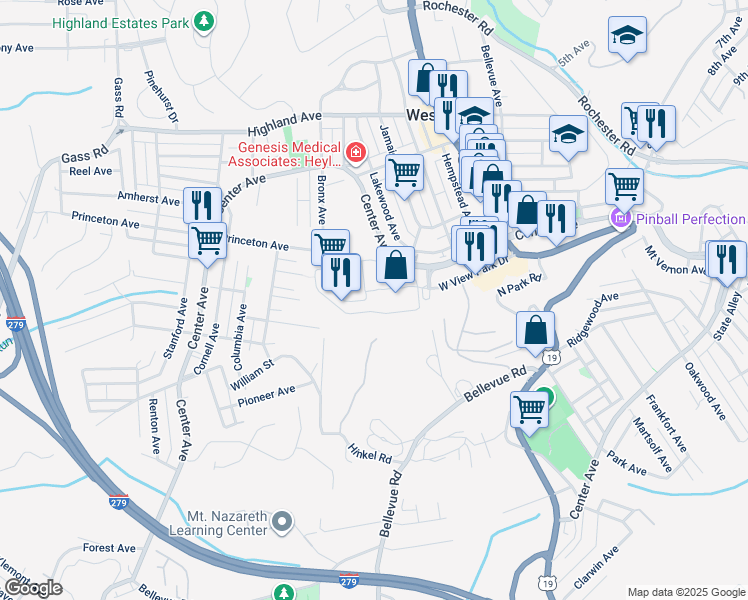 map of restaurants, bars, coffee shops, grocery stores, and more near 998 West View Park Drive in West View
