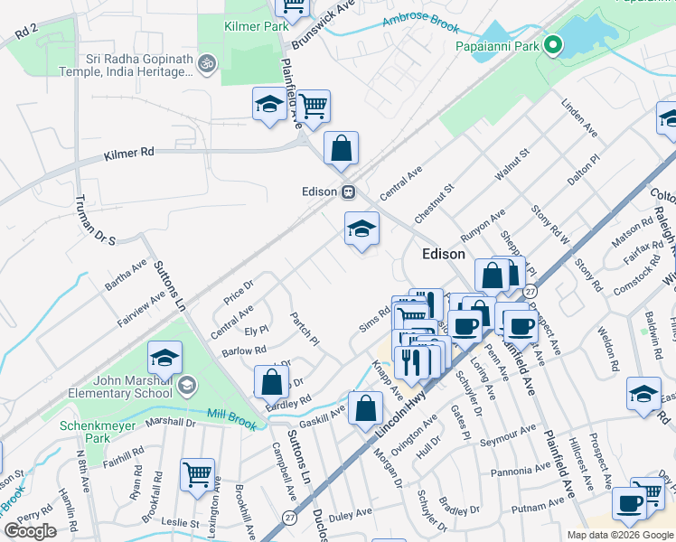 map of restaurants, bars, coffee shops, grocery stores, and more near 4 Rutgers Street in Edison