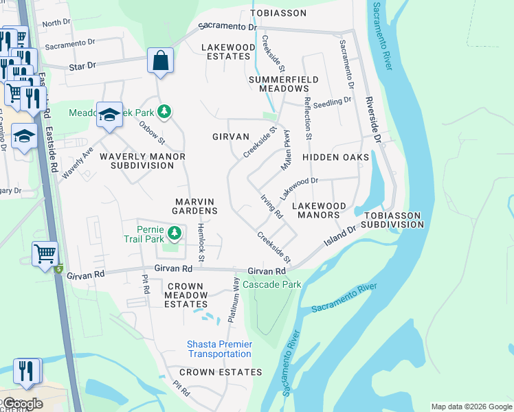 map of restaurants, bars, coffee shops, grocery stores, and more near 2888 Gunn Court in Redding