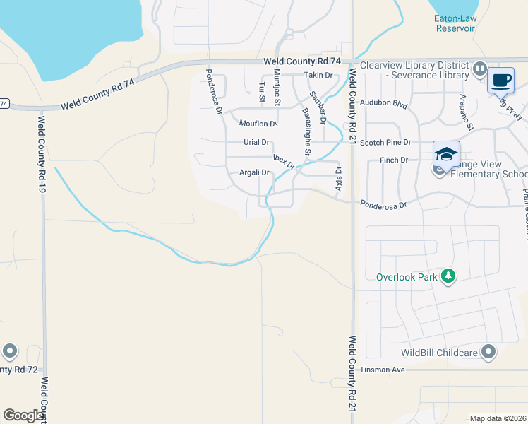 map of restaurants, bars, coffee shops, grocery stores, and more near 1319 Chamois Drive in Severance