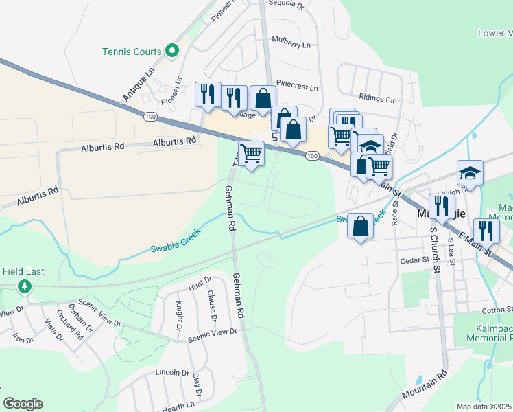 map of restaurants, bars, coffee shops, grocery stores, and more near 8107 Grandview Drive in Macungie
