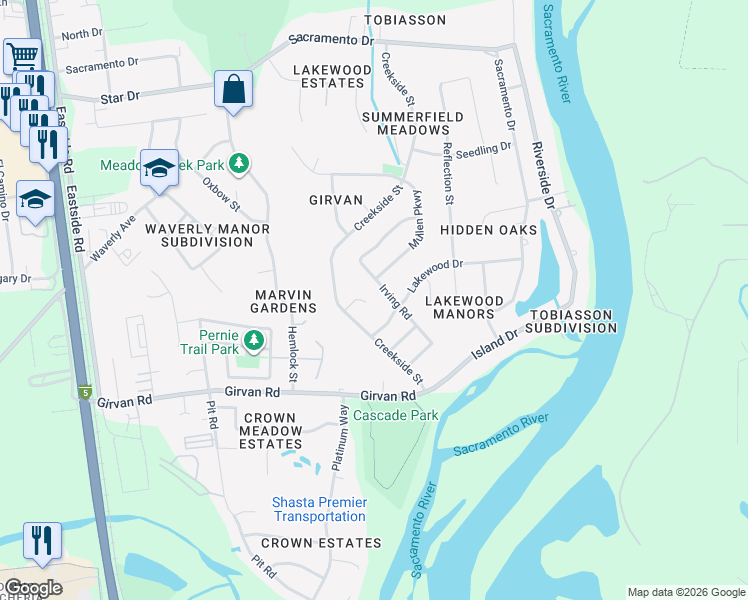 map of restaurants, bars, coffee shops, grocery stores, and more near 2888 Gunn Court in Redding