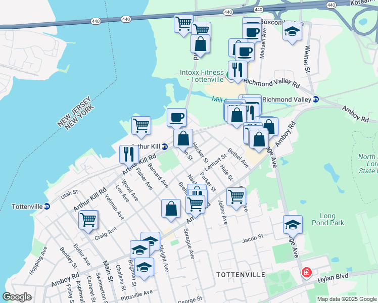 map of restaurants, bars, coffee shops, grocery stores, and more near 110 Hecker Street in Staten Island