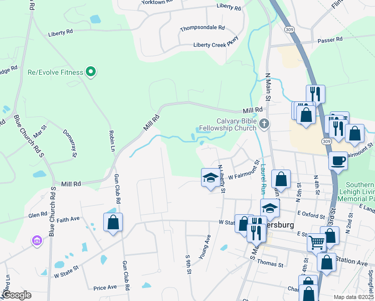 map of restaurants, bars, coffee shops, grocery stores, and more near 512 North Liberty Street in Coopersburg