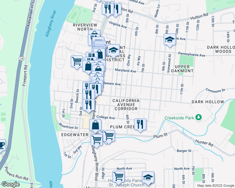 map of restaurants, bars, coffee shops, grocery stores, and more near 400 4th Street in Oakmont