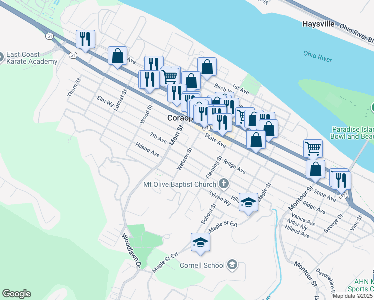 map of restaurants, bars, coffee shops, grocery stores, and more near 635 Watson Street in Coraopolis