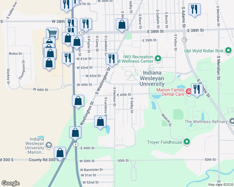 map of restaurants, bars, coffee shops, grocery stores, and more near 4416 South Harmon Street in Marion