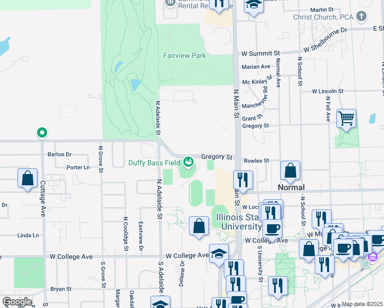 map of restaurants, bars, coffee shops, grocery stores, and more near 700 Gregory Street in Normal